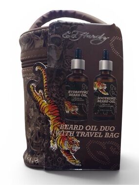Ed Hardy Beard Oil Set with Beige Tattoo-Print Travel Pouch
